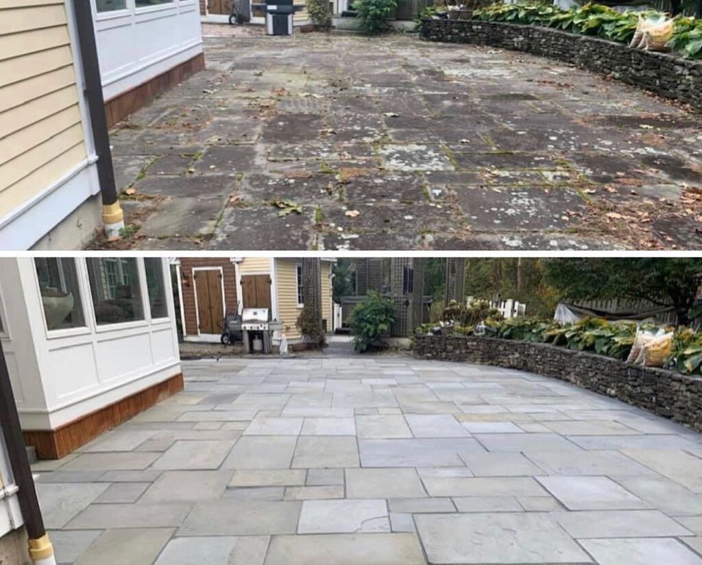 Tile patio pressure washing before and after results after drying