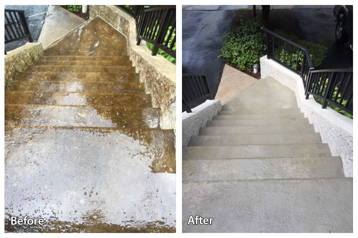 Top view of concrete stair cleaning before and after results